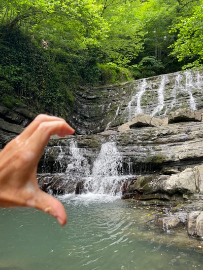 A person's hand, slightly blurred, is in the foreground of the image, positioned to the right and center. The hand appears to be reaching towards a waterfall. The waterfall cascades down a rocky cliff face that is covered in moss and dark patches, suggesting a damp environment. Lush green trees and foliage surround the waterfall, with some leaves visible on the water's surface. The water in the pool at the base of the waterfall is a muted green color. The scene is likely set during daylight, with the lighting suggesting an overcast or shaded condition given the overall subdued natural light. The image captures a moment of appreciation for the natural beauty of the waterfall. No text is visible in the image.