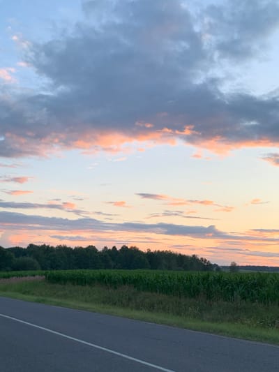 The image depicts a rural landscape at dusk in the village of Tsіmkavіtskі sel'ski Saveht, Belarus. The foreground shows a paved road with a white line dividing the lanes, seen from a low angle. To the right of the road, a field of tall green crops, likely corn, stretches into the distance. Beyond the field, a dense line of trees forms a dark silhouette against the sky. The sky itself is filled with dramatic clouds, painted with soft hues of pink, orange, and gray, indicating the transition from sunset to twilight. The overall atmosphere is serene and expansive. There are no people or animals visible in the frame.