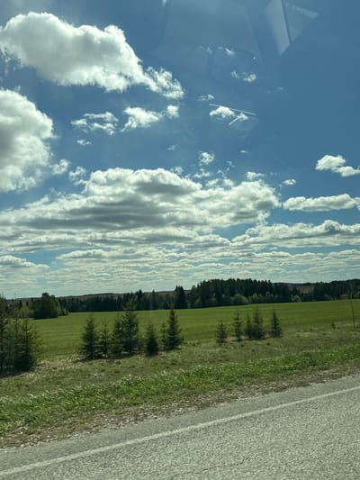The image shows a view from a vehicle, likely a car, while traveling on a road. The sky is visible through the front window, exhibiting a blue expanse populated with cumulus clouds. To the right of the frame, a landscape features a green field bordered by a line of trees, adjacent to a section of asphalt road. The interior of the vehicle is partially reflected in the glass. The location is presumably near Ledukhi, Russia, based on the prompt, though this cannot be definitively determined from the image alone.