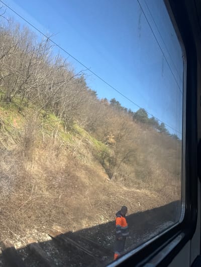 The image presents a view from a train window in the city of Zverino, Bulgaria, under a clear blue sky. A lone male individual, dressed in an orange and dark blue high-visibility uniform with reflective stripes, stands on the railway ballast next to the tracks in the lower-right foreground. He is situated within the shadow cast by the train, with his head bowed downwards. The foreground features multiple railway tracks and wooden sleepers. Immediately beyond the tracks, a steep embankment rises, covered extensively with dry, brown vegetation and bare deciduous trees. A row of coniferous trees is visible along the crest of the distant slope. Two thin, dark overhead wires traverse the bright blue sky horizontally. The dark frame of the train window is visible along the right and bottom edges, exhibiting reflections and minor smudges on the glass. The overall environment suggests outdoor conditions during late winter or early spring.