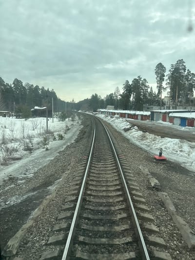 The image, captured in Dimitrovgrad, Russia, depicts a single railway track extending into the distance and curving gently to the right under an overcast grey sky. The track is composed of metal rails secured to concrete sleepers, which rest on a bed of crushed stone ballast. Remnants of melting snow and ice cover the ground adjacent to the track, indicating a late winter or early spring season.
To the left of the railway, the landscape features patchy snow, bare deciduous bushes, and young pine trees. A dense pine forest forms the background on this side, partially obscuring a dark wooden cabin-like structure with snow on its roof, and a smaller, simpler shed to its left. Multiple utility poles carrying overhead lines run parallel to the track.
To the right of the railway, a dirt path is visible, bordered by mounds of snow. Beyond this path, a long series of single-story garages with varied colored doors (including red, blue, and grey) are arranged in a row, their roofs covered with snow. Further behind the garages, several multi-story light-colored buildings are partially visible among tall pine trees. A small, red-based signal or marker post stands near the right rail in the midground. In the foreground, two weathered grey concrete elements lie on the ballast parallel to the right rail. No individuals are present in the scene.