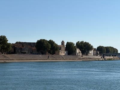 This image depicts a wide, blue river flowing in the foreground, reflecting the clear, light blue sky above. The riverbank on the far side is lined with a stone embankment and a row of buildings. These buildings vary in architectural style, with some featuring red tiled roofs and others having lighter colored facades. Several mature, leafy trees are interspersed among the buildings, casting shadows on the stone embankment. A prominent structure with a domed tower rises above the other buildings, suggesting it might be a church or administrative building. Further along the riverbank, a bridge with a green metal superstructure can be seen spanning the water. The scene is bathed in bright sunlight, indicating it is daytime. The overall impression is one of a serene, historic European city situated along a major waterway. There is no visible text in the image.