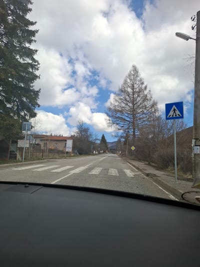 The image shows a road in Gintsi, Bulgaria, as viewed from inside a vehicle. A pedestrian crossing is visible on the road. Road signs are present, including a blue rectangular sign with a white pedestrian symbol, and a yellow diamond-shaped sign further down the road. A tree with sparse branches stands near the pedestrian crossing sign. Buildings and vegetation line the road. The sky is cloudy with patches of blue. The photograph is taken from the perspective of someone inside a car, with a portion of the car's interior visible.