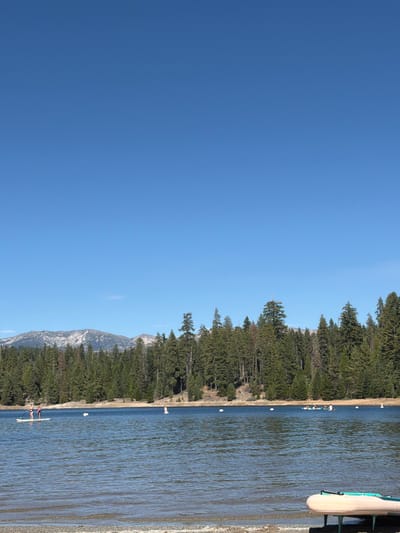 The image depicts a wide, calm lake under a clear blue sky. In the foreground, the edge of a sandy beach is visible, with a light-colored boat resting on a stand near the water's edge. The middle ground is dominated by the lake, with gentle ripples on its surface. Two individuals are standing on a paddleboard in the water to the left. Further out in the lake, a group of people are on what appear to be paddleboards or kayaks. Several white buoys are dispersed across the water. The background features a dense forest of tall evergreen trees, with a snow-capped mountain range visible beyond the trees on the left side of the frame. The scene appears to be a recreational area in a natural setting.