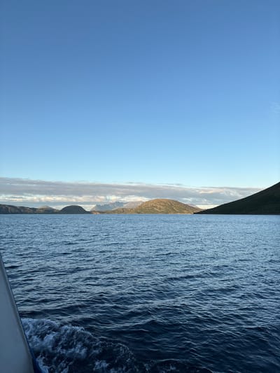 The image depicts a serene seascape with a clear blue sky above. In the foreground, dark blue water shows gentle ripples and a white wake trails from the left, indicating movement, likely from a boat. The middle ground is dominated by the expansive ocean stretching towards a distant coastline. The coastline features rolling, green-topped hills and mountains, with some areas appearing rocky and barren. A strip of thin, wispy clouds runs horizontally across the horizon, separating the sea from the sky. The light suggests it is either early morning or late afternoon, with a soft, diffused sunlight illuminating the landscape. The scene evokes a sense of tranquility and natural beauty characteristic of coastal Norway. The specific location of Arnøyhamn, Norway, can be inferred from the distinct geographical features visible, such as the rugged mountains meeting the sea.