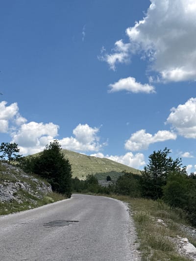 The image shows a winding asphalt road leading towards a large, green, and sparsely vegetated mountain under a blue sky with scattered white clouds. The road is in the foreground, with its surface showing some wear and a puddle or patch. To the left of the road, there is a rocky slope with sparse grass and some bushes. On the right side of the road, there are various trees and vegetation. The mountain dominates the background, its slopes covered in light green vegetation, with some darker patches of trees. The overall scene depicts a rural or mountainous landscape, likely in the vicinity of Nikšić, Montenegro, given the context. No people or animals are visible.