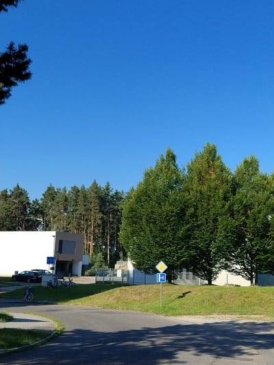 The image depicts a bright, sunny day with a clear blue sky. The scene is oriented vertically, with the bottom of the image appearing at the top. In the foreground, a paved road curves to the right, casting long shadows from unseen trees. Adjacent to the road is a grassy slope leading up to a fence and a line of trees. On the slope, two blue and white traffic signs are visible on a single post. The larger, diamond-shaped sign is yellow with a white border, and the smaller, rectangular sign below it is blue with a white pictogram of a toilet and a wheelchair symbol.

Further up the slope, there are buildings and more trees. One building has a modern design with dark-paneled sections. Several bicycles are parked near the buildings. A black car is also visible. In the background, a dense forest of pine trees stretches across the landscape, with a few taller deciduous trees interspersed, particularly on the left side of the image. The overall impression is a residential or suburban area adjacent to a natural wooded environment, likely during the daytime on a clear day. No people are explicitly visible in the image, but the presence of parked bicycles and a car suggests recent activity. The location context provided, Písek, Czechia, adds a geographical layer to the scene.
