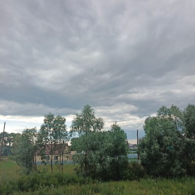 This media file captures a cloudy day scene in Podlubovo, Russia. The foreground is filled with lush green grass and vegetation, leading to a cluster of trees with abundant foliage. Behind the trees, a light-colored house with a reddish-brown roof is visible, featuring two windows and a light-colored fence surrounding it. Further in the background, more trees and houses can be seen, along with a utility pole and power lines, suggesting a rural or semi-rural residential area. The sky is dominated by heavy, gray clouds, indicating overcast weather, possibly before or after a rain shower. The overall mood of the image is calm and subdued, reflecting the overcast conditions and the quiet setting. There is no visible text in the image. The time of day appears to be late afternoon or early evening, given the soft lighting and the cloud cover.