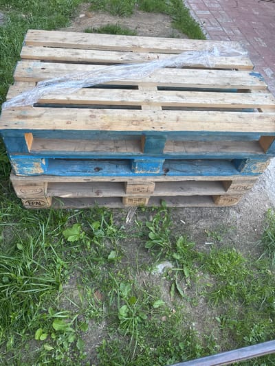 The image shows a close-up, overhead view of two wooden pallets lying on the ground. One pallet is partially wrapped in clear plastic sheeting. The pallets are made of light-colored wood with some blue paint visible on the sides of one. The ground beneath and around the pallets is covered in green grass and dirt. Some of the grass is overgrown, with some larger leaves also present.
Several markings are visible on the pallets. One pallet has the "EPAL" logo stamped on it multiple times, along with other text that is partially obscured or difficult to read. The text appears to be in a European language, likely related to the EPAL certification for the pallet.
The scene appears to be outdoors, possibly in a yard or industrial area, given the presence of pallets and the natural ground cover. The lighting suggests it is daytime, with no strong shadows indicating a particular time of day, and no obvious weather cues are present. The image is taken from a stationary, elevated perspective, looking down at the pallets. There are no people visible in the image, nor any indication of a specific event taking place. The overall impression is one of storage or a temporary placement of the pallets. The location context is Pavlovo, Russia.