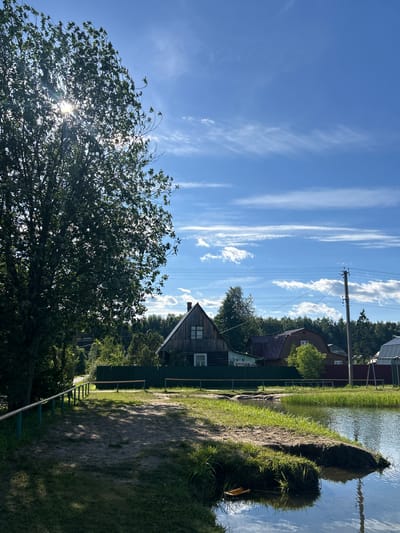 The image depicts a rural scene in the city of Слава Снт, Russia, on a clear day with a bright blue sky adorned with wispy white clouds. A large, leafy tree dominates the left side of the frame, its branches dappled with sunlight. In the background, several wooden houses with peaked roofs are visible, surrounded by dense green foliage and a dark green fence. Power lines stretch across the sky, supported by a utility pole on the right. In the foreground, a body of water reflects the sky, with a sandy bank covered in green grass leading to it. A metal railing with turquoise posts and a wooden top runs along the edge of a dirt path.