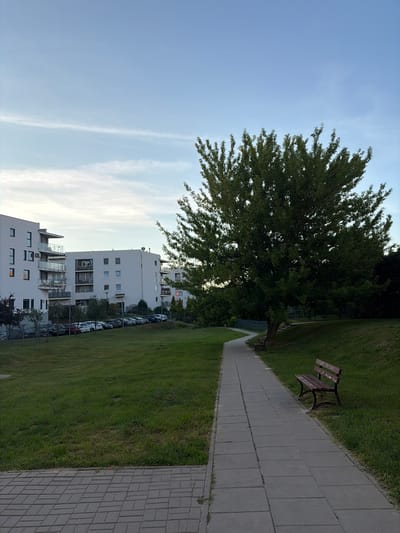 The image shows a modern residential complex with white buildings and balconies on the left side. In front of the buildings, there is a manicured lawn with parked cars. A paved walkway with two park benches leads into a grassy area with a large tree on the right. The sky is a light blue with wispy clouds. The scene appears to be in a suburban or residential part of Lublin, Poland.