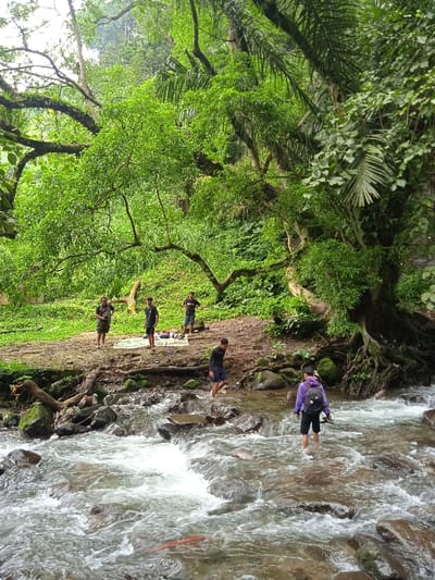 The image shows a group of five young men standing and walking in a shallow river bed. They are wearing casual clothing, including a purple sweatshirt, and are carrying backpacks. There are large rocks and boulders in the riverbed, and the water is flowing rapidly and is murky brown in color. Behind them, to the left, is a grassy bank, and on the right, the bank is covered with thick roots. There are also a lot of trees and large plants. The image is located at the coordinates (-7.655, 111.136), which is in the village of Tawangmangu, in the district of Karanganyar, in the province of Central Java, Indonesia.