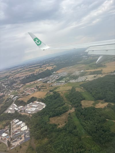 Aerial view of the landscape over Bonnefamille, France. An aircraft wing, white with a green "t" logo (Transavia Airlines), is visible in the upper-left quadrant, extending horizontally across the frame; its wingtip and underside control surfaces are discernible. The sky is overcast with light grey clouds. The ground below displays a mixed rural and developed landscape. Extensive dark green forested areas are interspersed with lighter green and tan agricultural fields. A village cluster is located mid-left. A large industrial facility in the lower-left features multiple buildings, paved lots, and numerous parked trucks. Two large, distinct areas filled with parked vehicles are located mid-right. No individuals are visible. The scene is under diffused daylight.