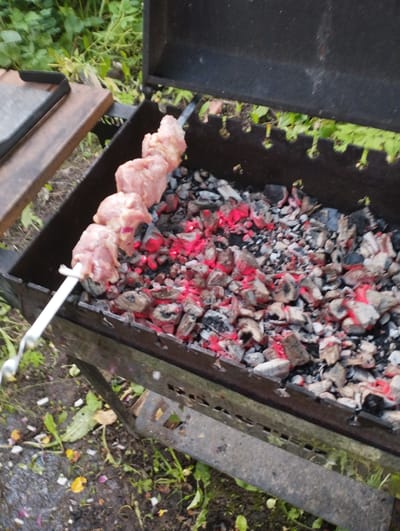 The image shows a close-up view of a barbecue grill with glowing red coals and raw meat skewers. The grill is outdoors, with green foliage and dirt visible in the background and foreground. The scene appears to be in the village of Shiryaevo, Ilyinsky District, Samara Oblast, Russia, given the context of the prompt. There are no people visible in the image. The meat is pink and appears to be pork, cut into cubes and threaded onto metal skewers. The coals are hot and glowing, indicating that the barbecue is in progress or about to begin. The environment is somewhat messy, with some debris on the ground around the grill.