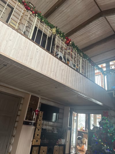 An interior view depicts a two-story residential space in Matveevskoe, Russia, constructed primarily from wood paneling and logs, with festive decorations indicating a holiday season. The upper level features a wooden railing with light-colored metal balusters, draped with green artificial garlands adorned with red ornaments, gold bows, and string lights. Behind the railing, a wall of horizontal wooden logs and a dark doorway are visible. The ceiling of both levels consists of light-colored wooden planks, with the upper ceiling being sloped and having exposed wooden beams.
On the lower level, a light-colored wooden door is visible on the left. Adjacent to it, a tall, slender light-colored cabinet stands. Further right, a wall-mounted dark flat-screen television is positioned above a dark entertainment unit or fireplace, which holds various decorative items, including small white figurines and plants. A stack of graduated wooden boxes with heart cutouts is located next to a glass-fronted display cabinet, with a red and white heart ornament hanging nearby. The right side of the lower level features large glass doors or windows, revealing an outdoor scene with bare trees and an overcast sky. A decorated Christmas tree with multi-colored lights and a large red bow on top is positioned in the foreground on the right. No individuals are present in the scene.