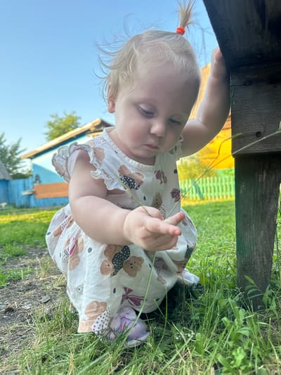 A young Caucasian child with blonde hair pulled into a ponytail is crouching in a grassy area. The child is wearing a white dress with a pattern of teddy bears. The child's left hand is extended, holding a blade of grass. The child is looking down at the grass. In the background, there is a wooden structure, a green fence, and a light blue building with an orange bench in front of it. The sky is blue. The location is Novoyeniseyka, Russia.