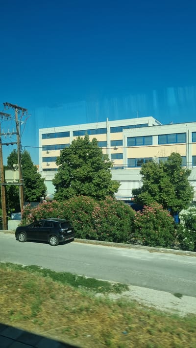 A black SUV is parked on the side of a paved road in Larissa, Greece. The SUV is positioned on the left side of the road, facing right. Behind the SUV, a row of flowering bushes with pink and white blossoms lines the street. Tall, lush green trees are interspersed among the bushes. In the background, a large, modern building with light-colored walls and blue-framed windows stands. A utility pole with wires is visible to the left of the building. The sky is clear and bright blue. The scene appears to be an outdoor view from a moving vehicle.