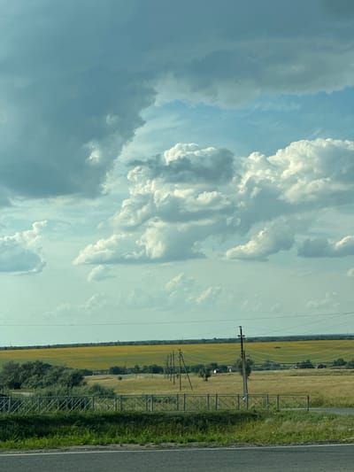 The media file captures a view from a moving vehicle, looking out over a rural landscape. The scene is dominated by a vast expanse of sky filled with dramatic, cumulus clouds, some appearing bright white and illuminated by the sun, while others are a darker, more ominous gray. Below the sky, the landscape unfolds in horizontal bands. The far distance is a field of bright yellow, likely sunflowers, stretching towards the horizon. Closer to the foreground, a strip of green grass and trees borders a road. A row of electrical poles with wires cuts a vertical line through the scene, separating the sky from the fields. There is a silver metal fence or barrier running parallel to the road. The time of day appears to be late afternoon or early evening, with the sun casting a warm light on the clouds and fields. The weather seems to be dynamic, with the presence of both bright sunlight and dark clouds suggesting a possibility of changing weather conditions. No people are visible. The location is identified as Bartolomeevskii, Russia, and the media file appears to be a photograph. There is no visible text in the image.