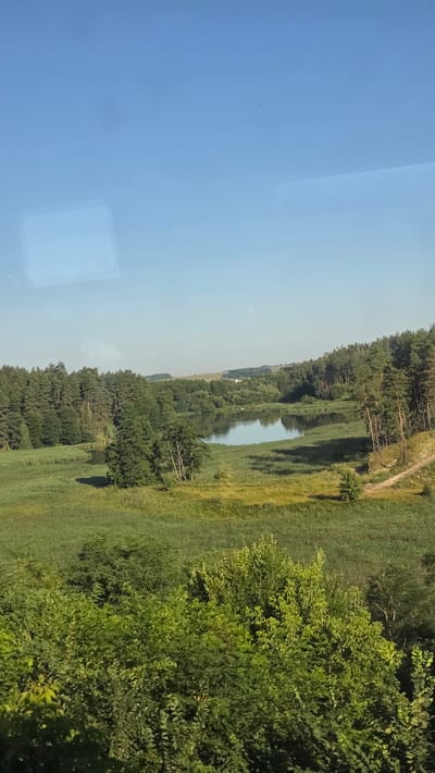 The image depicts a tranquil landscape with a body of water at its center, reflecting the clear blue sky. Surrounding the water are lush green trees and tall grass, creating a sense of natural abundance. In the background, rolling hills stretch towards the horizon, dotted with more trees and hints of human settlement. The scene appears to be a peaceful rural setting, possibly on the outskirts of Velyka Snitynka, Ukraine, given the typical topography and vegetation of the region. The lighting suggests it is daytime, with the sun casting gentle shadows across the landscape. There are no people or animals visible in the frame, emphasizing the serene and undisturbed nature of the environment.