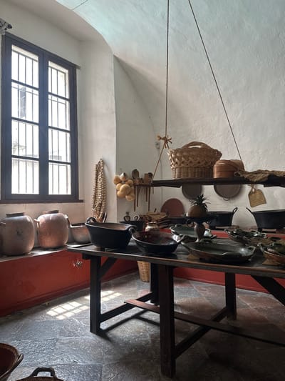 A wide-angle, low-angle shot captures the interior of what appears to be a traditional kitchen or a historical exhibit of culinary implements, likely located in Tepotzotlán, Mexico. The scene is dominated by a long, dark wooden table or shelving unit that runs horizontally across the image, laden with an array of earthenware and metal cooking vessels.
On the table, numerous pots and pans of varying sizes, some dark metallic and others reddish-brown clay, are meticulously arranged. Decorative, elongated ceramic or metal plates with intricate patterns are prominently displayed, leaning against the back of the shelf. A small, spiky pineapple-like plant sits amidst the cookware. Above and to the left of the table, several woven wicker baskets are suspended or placed on a higher shelf, along with smaller flat pans.
Hanging from the white vaulted ceiling, two thin ropes stretch across the frame. Further along the ceiling, near a corner, strings of dried garlic bulbs and possibly dried gourds are hung, suggesting a traditional kitchen environment. To the left, a large, dark-framed window with multiple rectangular panes allows ample natural light to flood the room, casting strong shadows from the table structure onto the light-colored, patterned stone or tiled floor. A section of the far wall is painted a distinct reddish-orange.
No people or overt activities are depicted, giving the scene a still-life quality, showcasing the rich cultural heritage of traditional Mexican culinary arts. No text is visible. The time of day appears to be bright daylight.
