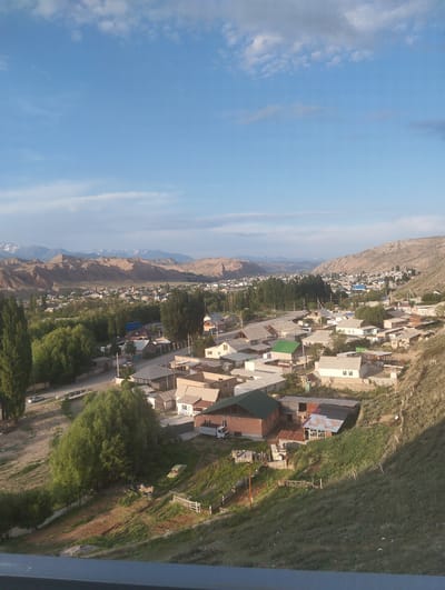 An elevated, high-angle, wide shot captures a panoramic view of a rural town nestled at the foot of a mountain range under a clear blue sky with scattered white clouds. The scene is bathed in soft, natural light, suggesting it's either early morning or late afternoon.

In the foreground, a grassy hillside slopes down towards a residential area. The hillside is dotted with a few wooden fences and sparse vegetation, with some areas appearing cultivated.

The town itself is characterized by a dense cluster of low-rise buildings, primarily residential homes with pitched roofs. The architecture is simple, with many structures featuring light-colored walls and corrugated metal or tiled roofs in various shades of gray and brown. Some homes have small yards or open spaces around them. A paved road winds through the town, with a few cars visible on it.

Beyond the immediate residential area, the landscape transitions into a more densely wooded section with numerous tall, slender trees. This green belt separates the town from the arid, ochre-colored mountains that form the backdrop. The mountains themselves are rugged and appear dry, with some snow-capped peaks visible in the distance, indicating a high altitude.

The overall impression is one of a tranquil, somewhat isolated community situated in a naturally beautiful, mountainous region. The presence of residential buildings, roads, and vegetation suggests a functioning settlement. The image likely depicts a view of Naryn City, Kyrgyzstan, given its characteristic mountainous terrain and urban layout. No people are clearly visible in the image.