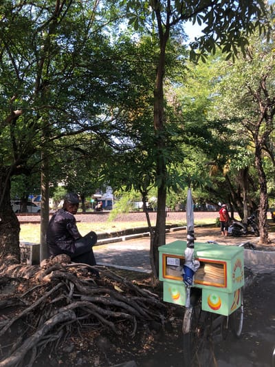 The media file depicts an outdoor scene in Buduran, Indonesia, likely in the late morning or early afternoon given the bright sunlight casting shadows. A man is seated on the ground, leaning against the exposed roots of a large tree, in the shade of its foliage. He is wearing a patterned shirt and a baseball cap. In the background, a bicycle with a light green cargo box is parked. The cargo box is decorated with a crescent moon and star motif and appears to contain food items, possibly bread rolls, visible through a glass panel. Another person, wearing a red top, is partially visible near the bicycle. The setting suggests a public space, perhaps a park or roadside, with a paved path and some vegetation. The overall atmosphere is relaxed and casual. Visible text on a small white package attached to the bicycle reads "HALAL".