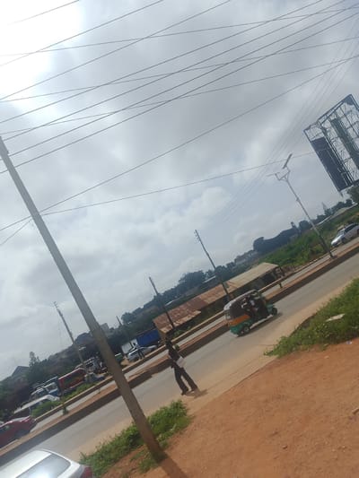 The image depicts a street scene in Bukuru, Nigeria, under an overcast sky. The foreground is dominated by a dirt path and a concrete sidewalk, with lush green grass growing along the edge of the road. A large concrete utility pole, likely for power lines, stands prominently in the middle left of the frame, with numerous wires crisscrossing the sky.
The road is paved and shows signs of traffic. A colorful auto-rickshaw, a common mode of transport in Nigeria, is seen driving away from the viewer, carrying passengers. Further down the road, a silver car is parked or driving. On the right side of the road, a person in dark clothing is walking, carrying a white bag.
In the background, there are various buildings, some with corrugated iron roofs, suggesting a mix of commercial and residential structures. Dense green vegetation covers the rolling hills behind the buildings. To the far right, a large billboard structure is visible against the sky. The overall impression is of a busy, working street in a tropical or sub-tropical urban environment. The time of day appears to be daytime, judging by the natural light. The weather is cloudy, contributing to a soft, diffused light. No discernible text is visible in the image, apart from what might be on the auto-rickshaw, which is not clearly legible.