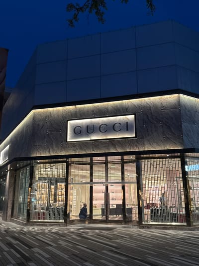 The image captures the exterior of a Gucci store in Oak Brook, Illinois, USA. The store has a modern architectural design with large gray tile paneling and a prominent, vertically oriented "GUCCI" sign illuminated with a soft glow. The storefront is lined with metal security shutters, revealing a glimpse of the store's interior. A person can be seen inside, possibly an employee. The sky is a deep blue, suggesting it is dusk or night. The sidewalk is paved with gray bricks arranged in a pattern. A few branches of a tree are visible on the left side of the image.