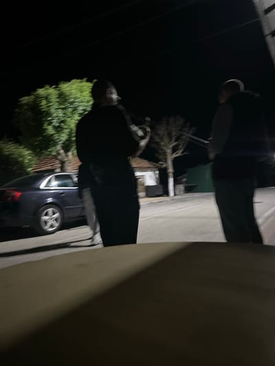The image captures an outdoor night scene in Pripek, Bulgaria. Two indistinct male figures are present in the midground, standing on a paved surface. The figure on the left is clad in dark attire, oriented towards the right, with a raised right arm. The figure on the right wears a dark vest over a lighter garment and dark trousers, facing towards the left. A dark-colored sedan, possibly an Audi, is parked on the left side of the frame, facing left, featuring silver multi-spoke alloy wheels. In the background, diverse vegetation is visible, including a dense green tree on the far left and a bare tree further right. Structural elements of buildings are discernible; one structure displays a reddish-brown tiled roof, and another presents a dark green wall. Overhead utility lines are faintly visible against the dark sky. The immediate foreground is occupied by a large, blurry, light-brown surface.