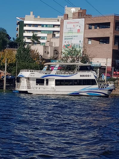 This landscape-oriented image, captured in Villa Carlos Paz, Argentina, showcases a white and blue passenger boat named "REALICO I" on a rippled body of water, likely San Roque Lake. The boat, which appears to be a catamaran or tour vessel, features a sleek design with multiple large windows and an accessible upper deck, indicating its use for passenger excursions.
The background reveals a lakeside urban environment under a clear, bright blue sky, suggesting a sunny day. Along the shoreline, various buildings are visible. To the left of the boat, a multi-story building with a warm, reddish-brown facade and rectangular windows features a large advertising billboard. This billboard displays colorful cartoon characters and prominent Spanish text that reads "Derrochalli" and "ESTE VERANO HACE COMO LOS Ahorrettis!" (This summer, be like the Ahorrettis!), along with smaller text like "ENAIRE" and "20 MINUTOS." Further left, a more contemporary white building with vertical design elements, green-tinted windows, and balconies stands tall. Lush green trees and bushes are interspersed along the waterfront, complementing the urban structures. The water surface exhibits distinct, textured ripples, and the overall scene captures a moment of leisure or transit in this resort town setting.