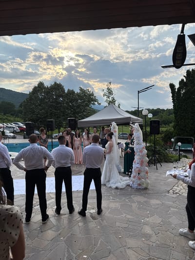 An elevated, downward-angled outdoor photograph captures a wedding ceremony or event in Debrashtitsa, Bulgaria, under a partly cloudy sky with visible sun rays. The scene is observed from beneath a dark wooden overhead structure.
In the immediate foreground, four men in white long-sleeved shirts and black trousers stand with their backs to the viewer, observing the event. To the far left, a person partially visible wears a white shirt with black polka dots. To the far right, another person, also with their back to the viewer, wears a white shirt, black trousers, and white sneakers, holding a white rectangular tray with four champagne flutes.
The main event unfolds on a stone-paved patio area. A white fabric runner is laid on the ground, leading to the central ceremony area, which is flanked by two tall, white, and pink floral decorative columns. A bride in a white gown and veil stands at the end of the runner, near a partially visible groom. Adjacent to them, a woman in a dark green dress, appearing pregnant, is visible. Several women in varying shades of pink and peach dresses (bridesmaids) are lined up to the left of the central figures. Another woman in a dark, patterned dress stands facing the group, possibly officiating.
Two large black loudspeakers on stands are positioned on either side of the ceremony area. A white tent provides cover to the right. In the mid-ground, a blue swimming pool is visible on the left, behind the observers. Beyond the pool and ceremony area, a parking lot contains multiple cars of various models and colors. The background features lush green foliage, tall trees, and rolling mountains under the cloudy sky. Architectural elements include a modern dark-colored solar-powered street light attached to an unseen structure on the upper right, and a standard street light further back. White flower petals are scattered across the stone patio. A swing set with a light blue seat and two spherical white outdoor lights are partially visible in the far right background, nestled among trees.