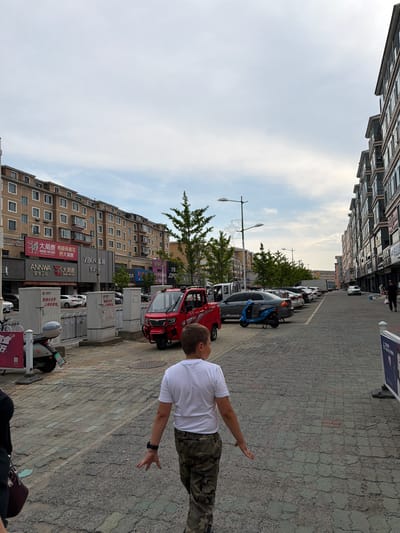 The image depicts a street scene in Hunchun, China. In the foreground, a young boy wearing a white t-shirt and camouflage pants walks away from the camera. He has his left arm extended and his right arm bent at the elbow. To the left of the boy, a person is partially visible, wearing a dark shirt and holding a dark purse.

The street is paved with patterned cobblestones. To the left of the street, there is a row of buildings with multiple stories and numerous windows. Several signs are visible on the buildings, including one with Chinese characters that appears to advertise a store named "ANNWA". Parked vehicles are visible along the side of the street, including a red three-wheeled vehicle, several cars, and a scooter.

On the right side of the street, another row of multi-story buildings with many windows lines the street. A white sign with a picture of a woman and Chinese characters is displayed on a stand near the edge of the road. The sky is overcast with clouds. The environment appears to be an urban commercial or residential area.