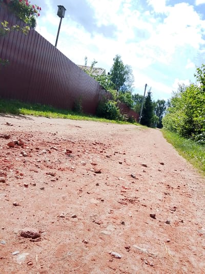 The image depicts a low-angle view of a reddish-brown dirt road, possibly in Snopok Novyi, Russia, as suggested by a hint. The road is uneven and scattered with small rocks and debris, including what appear to be fragments of red brick. To the left, a tall, dark brown wooden fence runs along the edge of the road, with green grass growing at its base. Overhanging the fence on the far left are some green branches with red flowers. In the background, trees and foliage line the right side of the road, and a tall wooden pole with a birdhouse on top is visible near the fence. The sky is a bright blue with scattered white clouds. The overall impression is a rural or semi-rural setting.