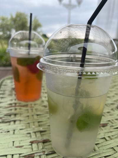 Two clear plastic cups with domed lids and black straws are placed on a light green woven surface. The cup in the foreground contains a light yellow beverage with ice and green mint leaves. The cup in the background contains a pink or orange beverage with ice, mint leaves, and possibly a red fruit. The background is blurred, showing green foliage and a cloudy sky, suggesting an outdoor setting. The scene appears to be in the city of Severynivka, Ukraine, possibly at an outdoor cafe or seating area.