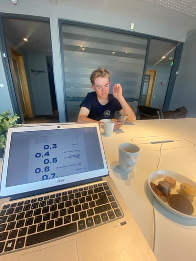 A person sits at a white desk in a room with a door labeled "Showers," possibly in Kastrup, Denmark. The person wears a black shirt and holds a smartphone. On the desk, there is a laptop displaying a document with the title "TECHNICAL GUIDE" and numbers from 0.3 to 0.7, a white coffee mug, a white bowl of pastries, and a charging cable. The room has a window or glass wall with horizontal blinds.
