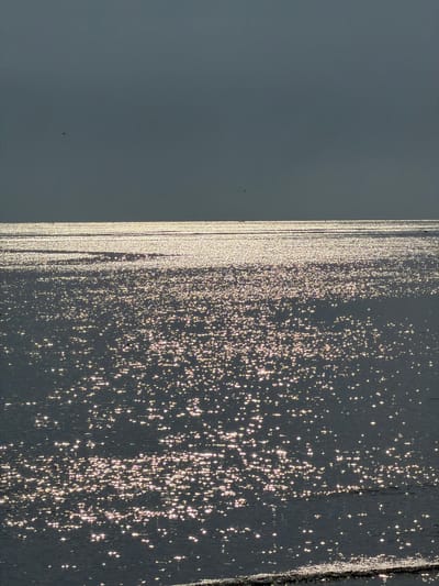 This image shows a body of water, likely the ocean, with the sun reflecting off its surface, creating a shimmering effect. The sky above is overcast and dark gray, with a distinct horizontal line separating it from the water. There are a few small birds visible in the sky. The overall scene is tranquil and natural, with no man-made structures or people visible. The location is specified as Pasir Putih, Indonesia, suggesting a coastal environment.