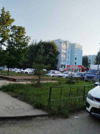 The image depicts a street scene in Roshchinsky, Russia, characterized by a pale blue, multi-story apartment building situated behind a row of parked vehicles and a playground. The building features numerous windows and a distinctive red storefront with Cyrillic signage reading "ПРОДУКТЫ" (Products). Adjacent to the building, a blue van is parked in the foreground, with a white car visible to its right. A sandy playground with a low border is present in the middle ground, bordered by green grass and a green metal fence. Trees, some with lush green foliage and others appearing more sparse, are scattered throughout the scene, contributing to a residential urban environment. The sky above is a clear, pale blue, suggesting daytime conditions. There are no people visible in the image.