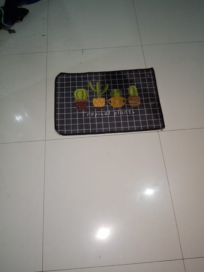 A doormat featuring a checkered pattern and cartoonish illustrations of potted cacti is placed on a tiled floor. The cacti are depicted in various shapes and colors, with one featuring a heart shape. The word "tropical plants" is written in white script on the doormat. The floor tiles are light-colored and appear to be arranged in a grid. To the upper left of the image, a dark object, possibly a bag or shoe, is partially visible. The environment suggests an indoor setting, likely a home or public space with a tiled floor. The image does not provide any specific information about the location in Sendangrejo, Indonesia.