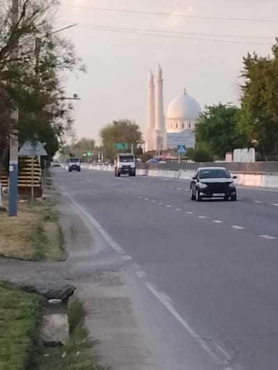 The image shows a street scene in Syrdarya, Uzbekistan. A two-lane road stretches into the distance, lined with trees on both sides. A white mosque with two minarets and a dome stands prominently in the background. Several vehicles are visible on the road, including a car in the foreground and a truck further down the road. A pedestrian crossing sign can also be seen near the mosque. The overall environment appears to be a quiet, suburban area.