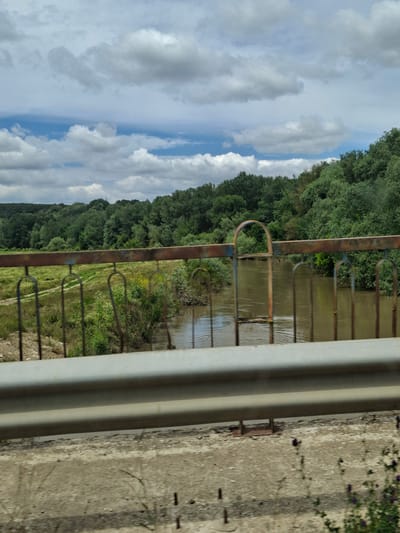 The image captures a view from a bridge overlooking a river and a densely wooded area. The sky above is filled with scattered clouds, with patches of blue visible. The bridge itself has a rusty metal railing with a wooden top, and a silver guardrail is prominent in the foreground.
The river, appearing murky and brown, flows through the landscape. On the riverbanks, there is a mix of dry, cracked earth and lush green vegetation. A grassy field with a winding path is visible on the left side, bordered by the river. The background is dominated by a thick forest of green trees, suggesting a natural, undeveloped area. There are no people or animals visible in the frame. The overall impression is a natural landscape viewed from a man-made structure, likely in a rural or semi-rural setting.
The specific location is Staro Oriahovo, Bulgaria.