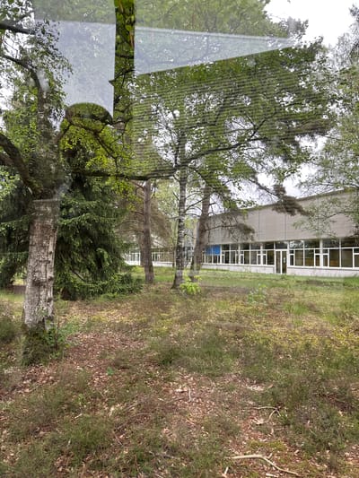 The image depicts a building with multiple windows and a gray facade, surrounded by trees and foliage. The building is located in an outdoor environment with a mix of grassy areas and patches of bare earth. Trees with green leaves are interspersed throughout the scene. The trees are reflected off glass. The location is Best, Netherlands.