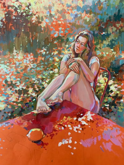 An impressionistic painting depicts a young woman sitting on a red chair in an outdoor setting. She is positioned to the right of the frame, her body turned slightly to her left, with her knees drawn up and her arms wrapped around them. Her gaze is directed downwards and to her left, with a contemplative expression. She is wearing a white top.

In the foreground, a bright orange surface, possibly a table or a ground plane, occupies the lower portion of the image. A single lemon rests on this surface, with a faint outline suggesting it may be a sketch or an underpainting. The background is a dense composition of foliage, rendered in a mosaic of greens, browns, oranges, and blues, with dabs of white and light yellow suggesting sunlight filtering through the leaves. The overall style is loose and painterly, with visible brushstrokes and a vibrant color palette.

The image is an artwork and does not depict a specific location in Arkville, United States of America.
