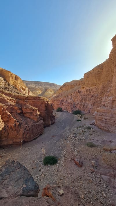 The image depicts a desert canyon, likely in the Hevel Eilot Regional Council, Israel. The canyon walls are composed of reddish-brown rock formations. The canyon floor is a mix of gravel and sand. There are sparse patches of green vegetation. A rope with some metallic objects is stretched across the width of the canyon. A blue sky is visible above one canyon wall.