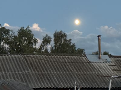 This image captures a rooftop scene with a bright moon in a cloudy sky, suggesting it is nighttime or twilight. The foreground is dominated by a weathered, grey, corrugated roof, likely made of asbestos cement sheets, typical of older rural or suburban buildings in Russia. The texture of the roof tiles is rough and worn, with visible ridges and waves.
In the middle ground, a metallic chimney pipe with a cap stands vertically on a section of a lighter colored metal roof. Behind the roof, a dense line of dark green trees stretches across the frame, their foliage appearing somewhat sparse and feathery, possibly indicating deciduous trees during a non-leafy season or a specific type of tree like birch.
The sky is a pale blue, interspersed with scattered, puffy white and grey clouds. The moon is a bright, distinct orb, radiating a soft glow, positioned in the upper right quadrant of the image. The presence of the moon and clouds implies it's either early morning before sunrise, or evening after sunset, given the visible sky color. The overall mood is quiet and serene, with a hint of rustic atmosphere. No people are visible, and the focus is on the architectural elements and the celestial body. The location context of Rodino, Russia, further suggests a setting in a rural or small-town environment.