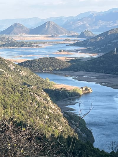 The image is a landscape photograph taken in Rvaši, Montenegro. It shows a narrow body of water, possibly a lake or river, winding between steep, forested mountains. The water is blue and reflects the sky and surrounding landscape. The mountains are covered in lush green vegetation, interspersed with rocky outcrops. In the foreground, there are bare branches of a tree, adding depth to the scene. The overall atmosphere is serene and picturesque, capturing the natural beauty of the area.