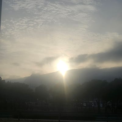 The image captures a hazy sunrise over a landscape that includes distant mountains and foreground trees. The sun, a bright, blown-out white disc, is partially obscured by clouds and casts a strong glare. The sky is filled with a mottled pattern of lighter and darker clouds, some appearing thin and wispy, others thicker and more opaque.
Below the sky, dark silhouettes of trees form the middle ground, with the vague shapes of what appear to be buildings and streetlights visible amongst them. In the far distance, the dark outlines of mountains rise, shrouded in mist. The overall impression is one of a subdued, atmospheric dawn.
While the specific location within Vandellòs i l'Hospitalet de l'Infant, Spain cannot be definitively determined from the image alone, the presence of mountains and coastal vegetation is consistent with the geography of the region. The scene appears to be an outdoor view, possibly from a roadside or elevated vantage point overlooking a town or rural area at the beginning of the day. There are no discernible people or specific actions taking place. The image focuses on the natural elements of the landscape and the atmospheric conditions of the sunrise.
