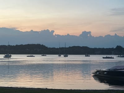 The image depicts a serene evening scene on the Chiemsee lake in Rimsting, Germany. The sky exhibits a gradient of soft colors, transitioning from a pale yellow near the horizon to a pale blue overhead, with scattered clouds tinged with pink and purple hues. The water surface is calm, reflecting the muted colors of the sky.
Several boats are visible on the lake. In the foreground, a dark-colored motorboat is docked on the right side, partially obscuring the view of the water. Further out on the lake, there are multiple sailboats and motorboats with people on board. One sailboat on the left has its sails down, and other boats are scattered across the water, some appearing to be leisure craft with passengers.
The background is dominated by a dark, tree-covered shoreline, suggesting the presence of a wooded area along the edge of the lake. The overall atmosphere is tranquil and suggests a late afternoon or early evening setting, possibly during a calm weather period.