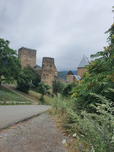 A stone fortress, likely a monastery complex with defensive towers, is situated on a hill under a cloudy sky. A paved road curves in the foreground, with a gravel shoulder. Lush green trees and vegetation surround the fortress and line the roadside. In the background, distant mountains are visible through the haze. The architectural style suggests a historical religious or defensive structure.