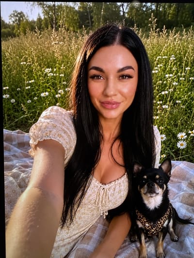 In the city of Letniy Otdykh, Russia, a woman and her small black and tan Chihuahua dog are posing for a selfie on a picnic blanket. The woman has long, dark hair and is wearing a floral-print dress. The dog is wearing a leopard-print harness. They are in a field of tall grass and white wildflowers, with trees visible in the background. The sun is shining, casting a warm glow on the scene.