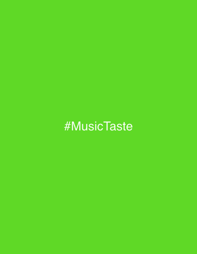 The image displays a vibrant, solid lime-green background. There are no people, objects, or discernible scene elements. The entire frame is filled with this uniform green color. Centered horizontally and vertically on the green background is the text "#MusicTaste". The text is rendered in a simple, white, sans-serif font, providing a clear contrast against the bright green. There are no indications of time of day, weather, or specific location cues within the image itself. The image appears to be a graphic or digital banner, possibly for a social media post or a title slide, with the hashtag indicating a topic related to musical preferences. No specific activity or event is depicted, only the static visual of text on a colored background.